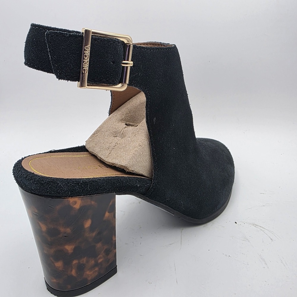 Vionic Lacey Suede Booties Size 9.5 Tortoise Block Heel Black Leather Mob Wife - Picture 4 of 14